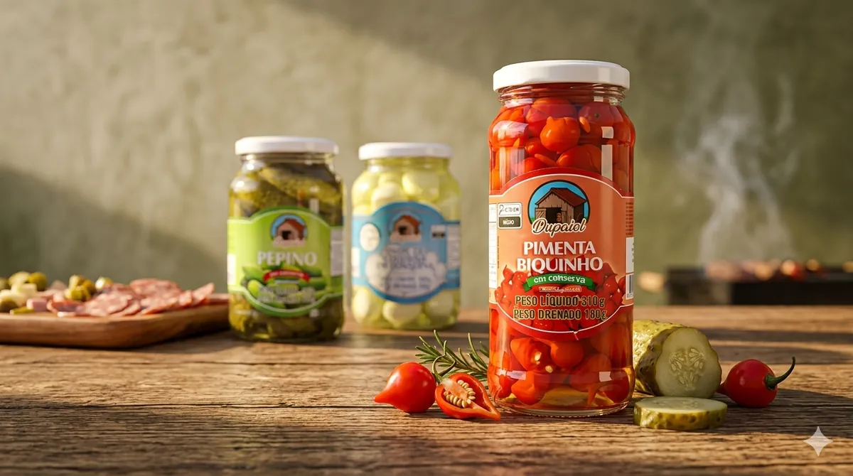 Conservas premium Dupaiol — pimenta biquinho, ovo de codorna e pepino em conserva